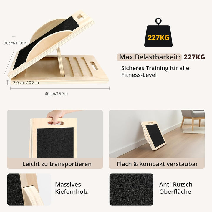 Schrägbrett Holz – Verstellbares Balance Board mit 5 Winkeln (0°–45°) | Waden-Dehner & Stretch Board