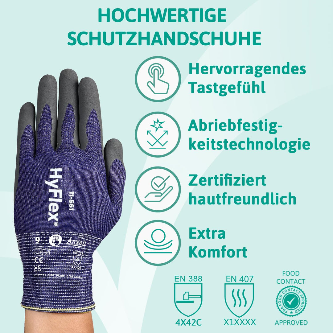 Ansell HyFlex 11-561 Schnittschutz-Handschuhe, Atmungsaktive Nitril-beschichtung, Höchste Weiterreis