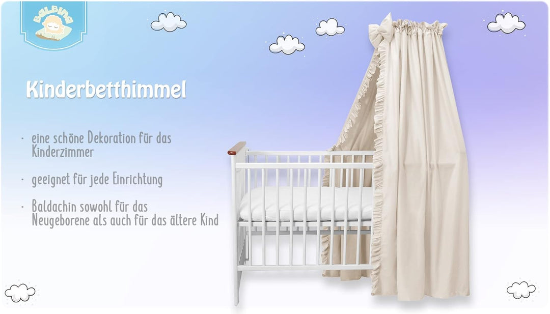 balbina Baldachin 100% Baumwolle, Deko-Set für Kinderbett, Betthimmel mit Rüsche & Schleife, Moskito