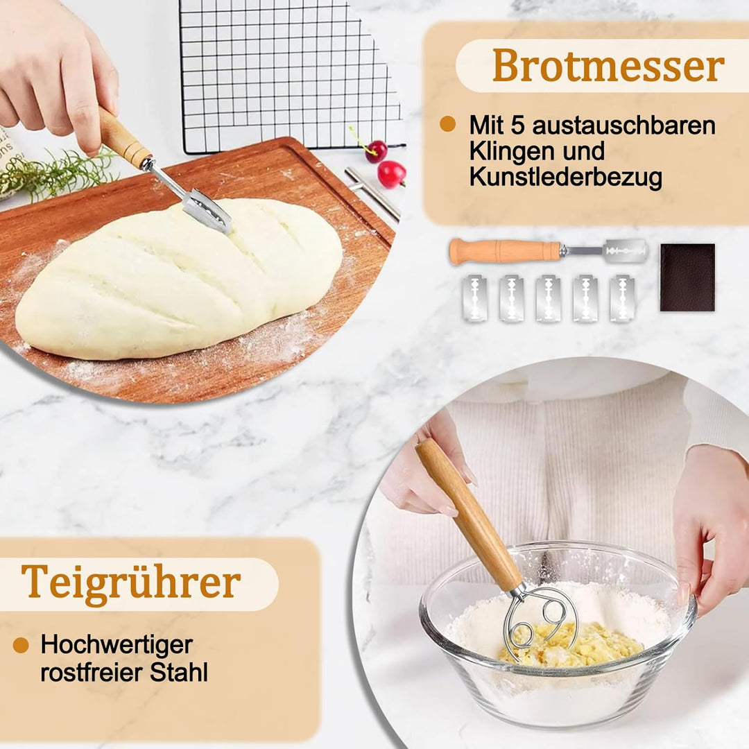 Foonary Gärkörbchen Sauerteig Starter Set 12-teilig-Sauerteig Starter Kit mit 2 Gärkörbchen (23+25cm