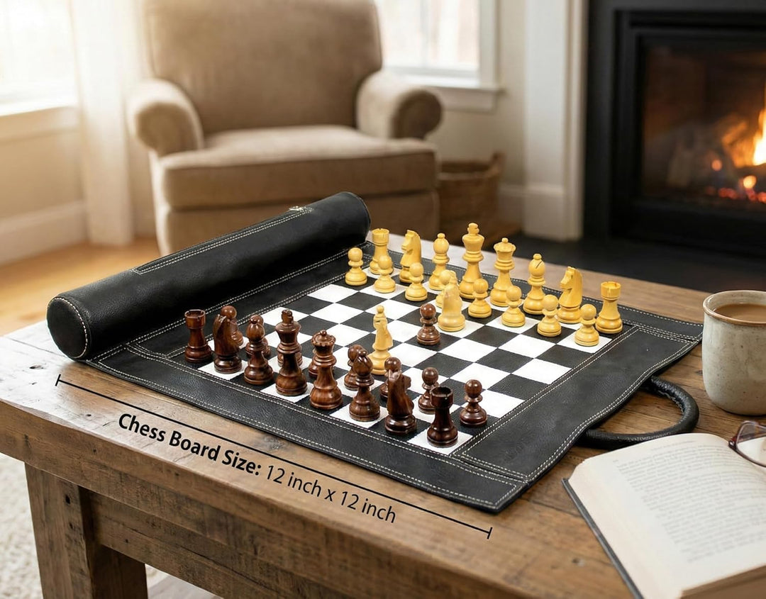 Stonkraft 19" x 15" Schachbrett Grösse 12" x 12" echtes aufrollbares Leder-Schachspiel mit Schachfig