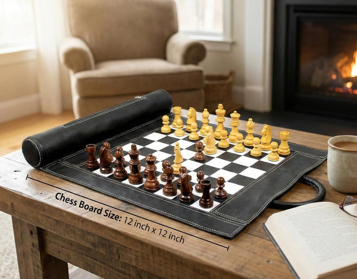 Stonkraft 19" x 15" Schachbrett Grösse 12" x 12" echtes aufrollbares Leder-Schachspiel mit Schachfig