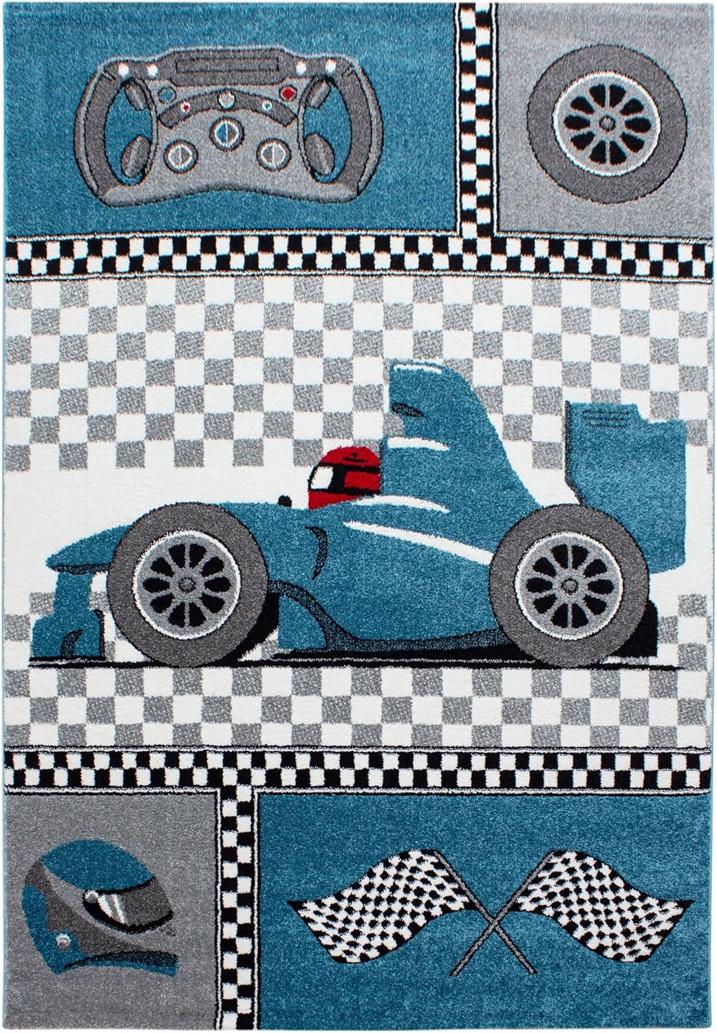 Kinderteppich Blau 80x150 cm Rennwagenmuster Läufer Jungen Teppich Kinderzimmer Kurzflor Teppich Ext