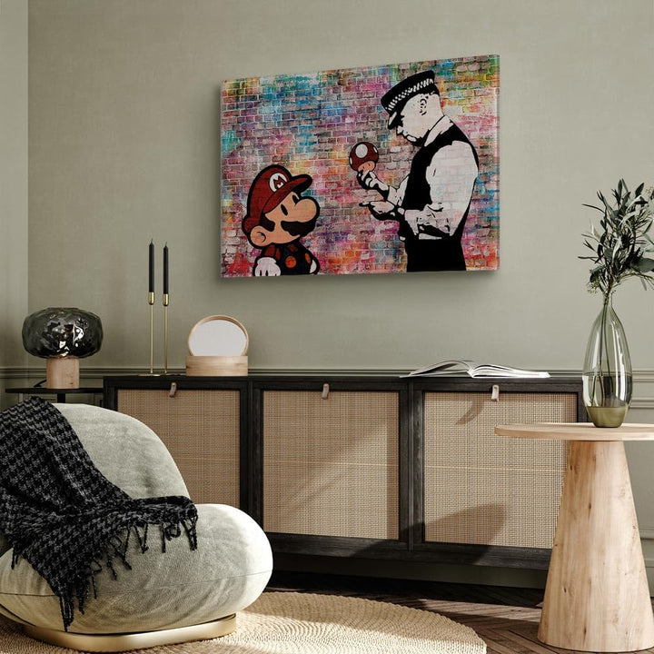 murando Akustikbild Banksy Super Mario Mushroom Cop 120x80 cm Bilder Akustikschaum Hochleistungsscha
