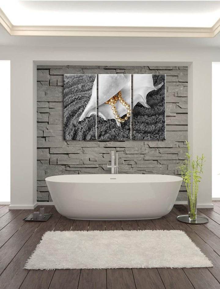 Pixxprint Muschel Perlenkette als Leinwandbild/Grösse: 3 Teilig (120x80 cm) cm/Wandbild/Kunstdruck/f
