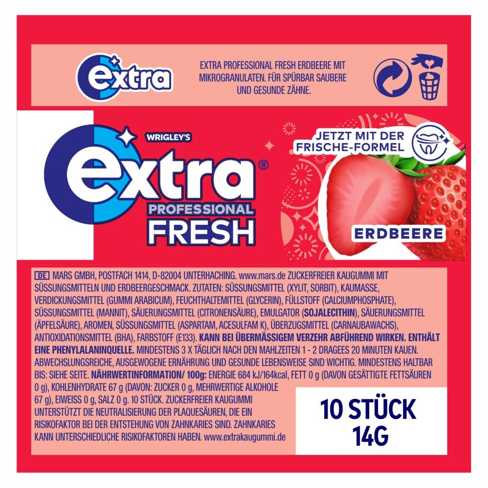 Extra Professional Fresh Erdbeere, Zuckerfreier Kaugummi, Multipack mit 30x10 Dragees, Für frischen