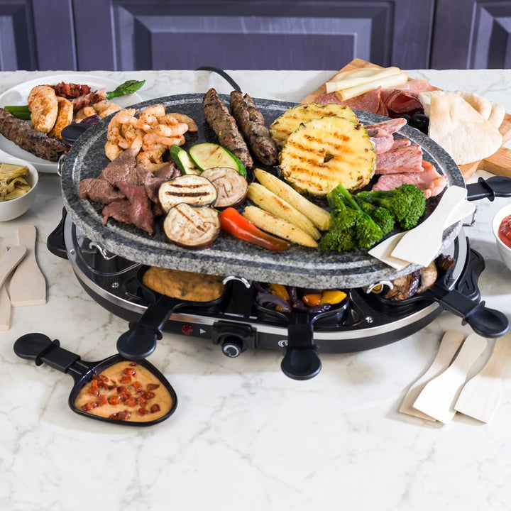 Giles & Posner 8-tlg. Tisch-Raclette-Grill – 1200W Steinplatte, 8 antihaftbeschichtete Pfännchen, 8