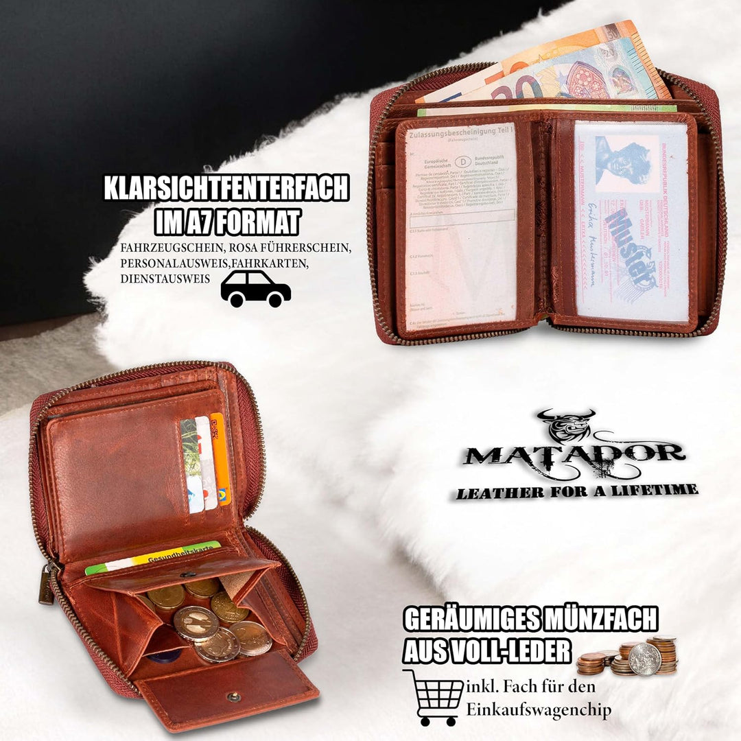 MATADOR® Granada Echt Leder Geldbörse Damen Portemonnaie Herren Geldbeutel Reissverschluss mit TüV g