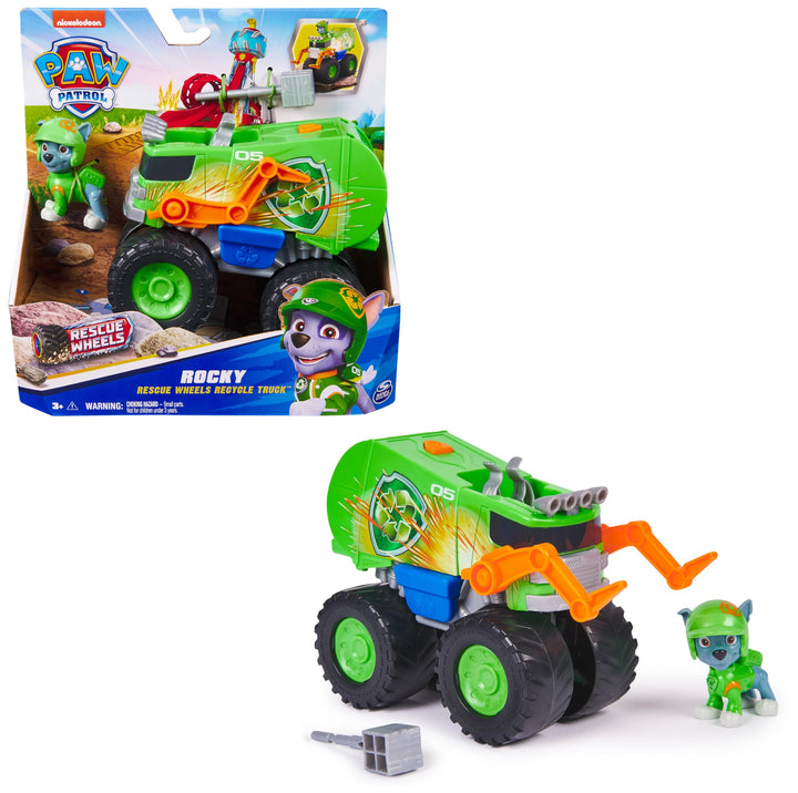 PAW PATROL Rescue Wheels - Rockys Recycling Monstertruck mit Geschoss-Abwurf und Rocky Hundefigur, S