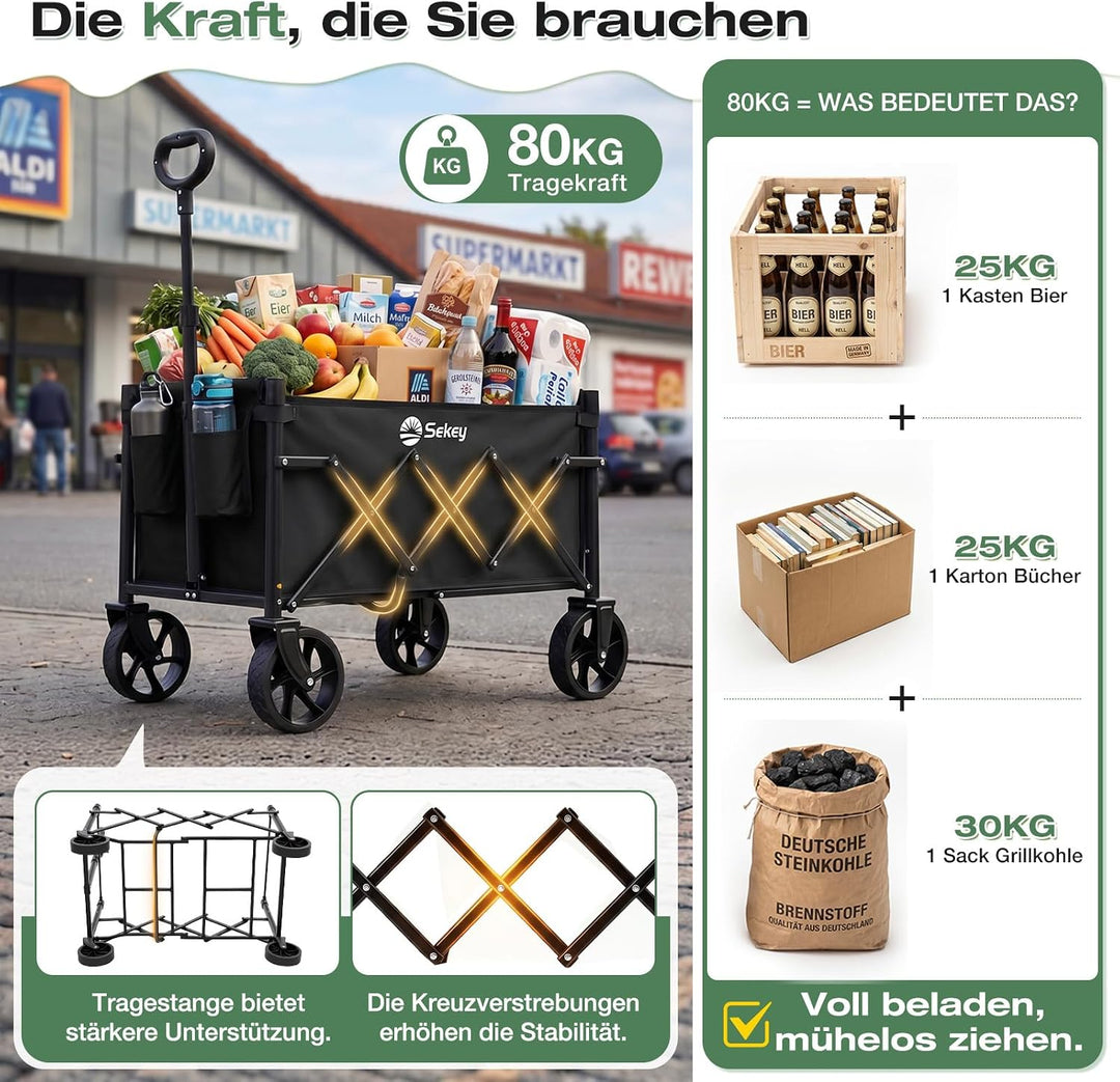 Sekey Bollerwagen Faltbar Klein 80KG, Handwagen Klappbar, Faltbarer Einkaufswagen Campingwagen mit H
