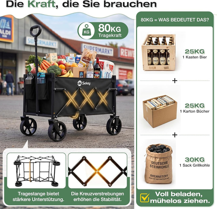 Sekey Bollerwagen Faltbar Klein 80KG, Handwagen Klappbar, Faltbarer Einkaufswagen Campingwagen mit H