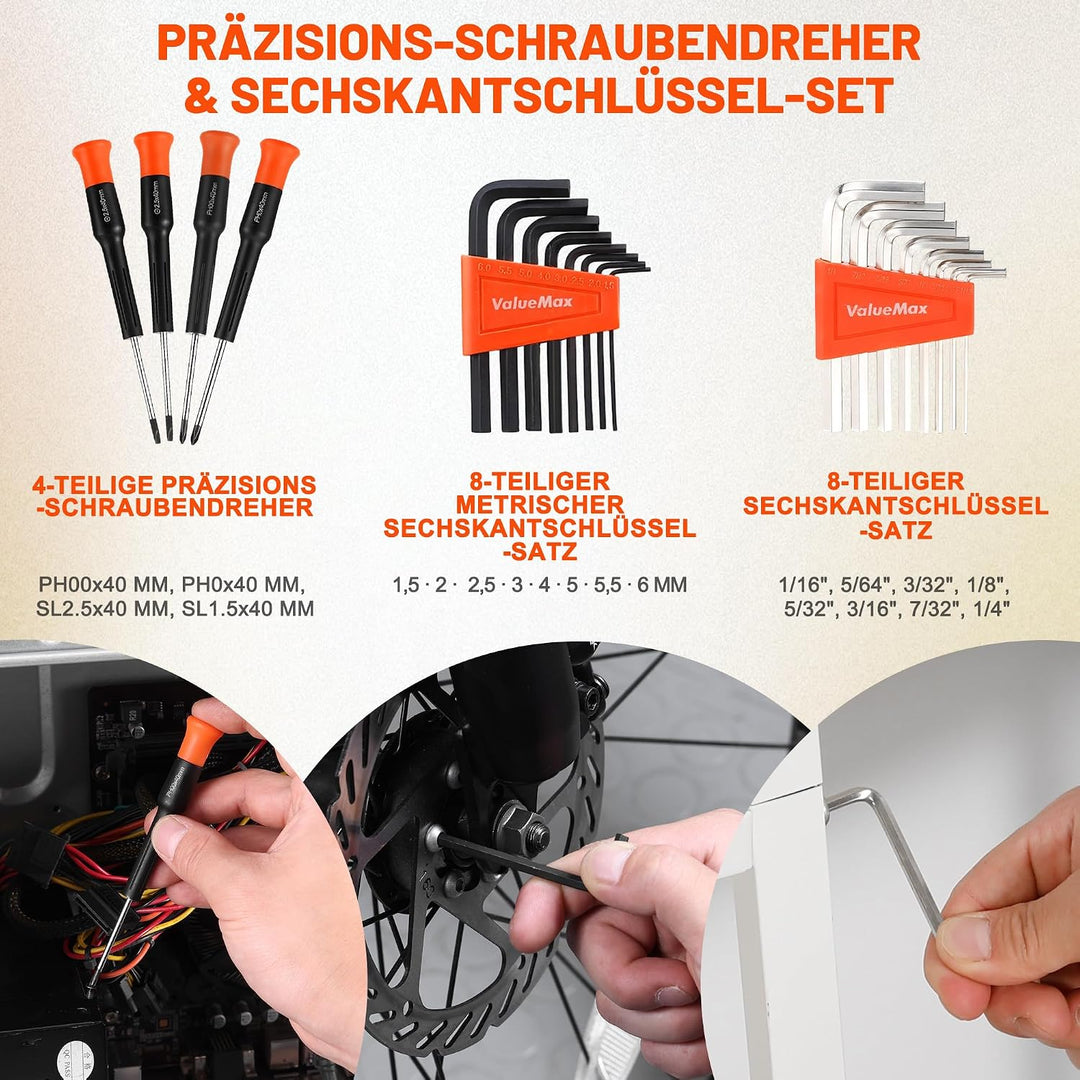 ValueMax werkzeugkoffer gefüllt 150tlg., Werkzeug Set mit Werkzeugkoffer für Haushalt Reparatur, Hei