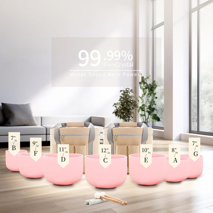 Hye-eun 7-teilig Kristall Klangschalen 432 Hz Rosa Quarzkristall Klangschale Set 7zoll-12zoll(17,8-3