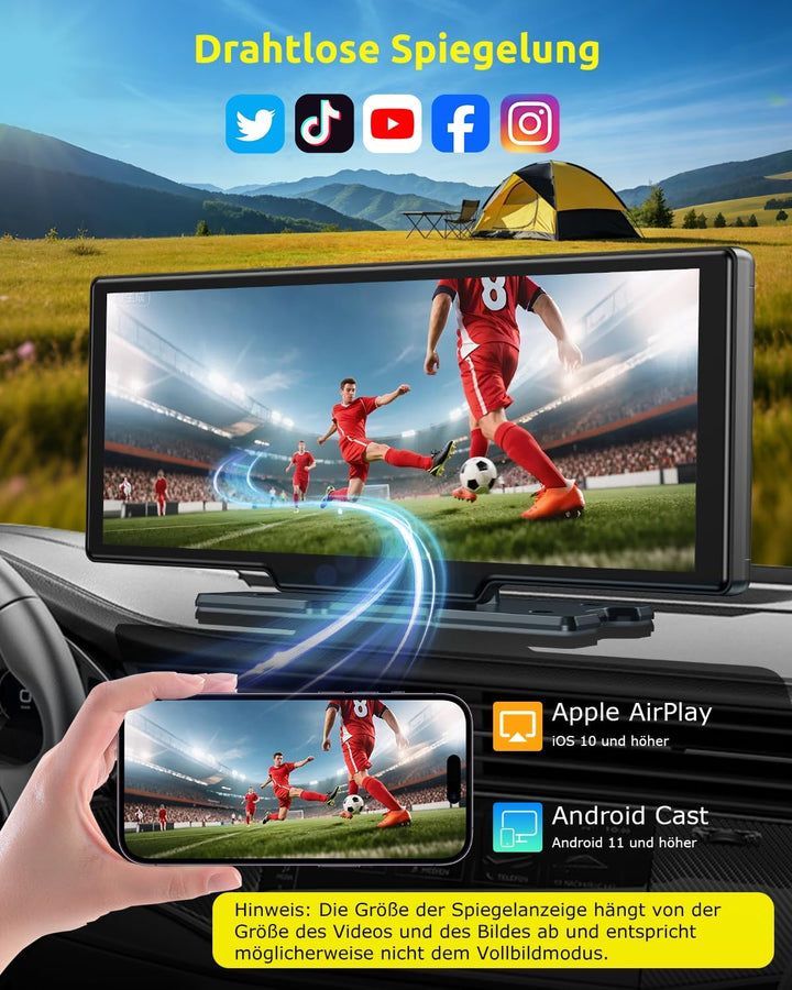 ESSGOO 10.26 Zoll Kabelloses CarPlay Display mit 4K Dashcam,1080P Rückfahrkamera &amp; 4 Reifendruckkont
