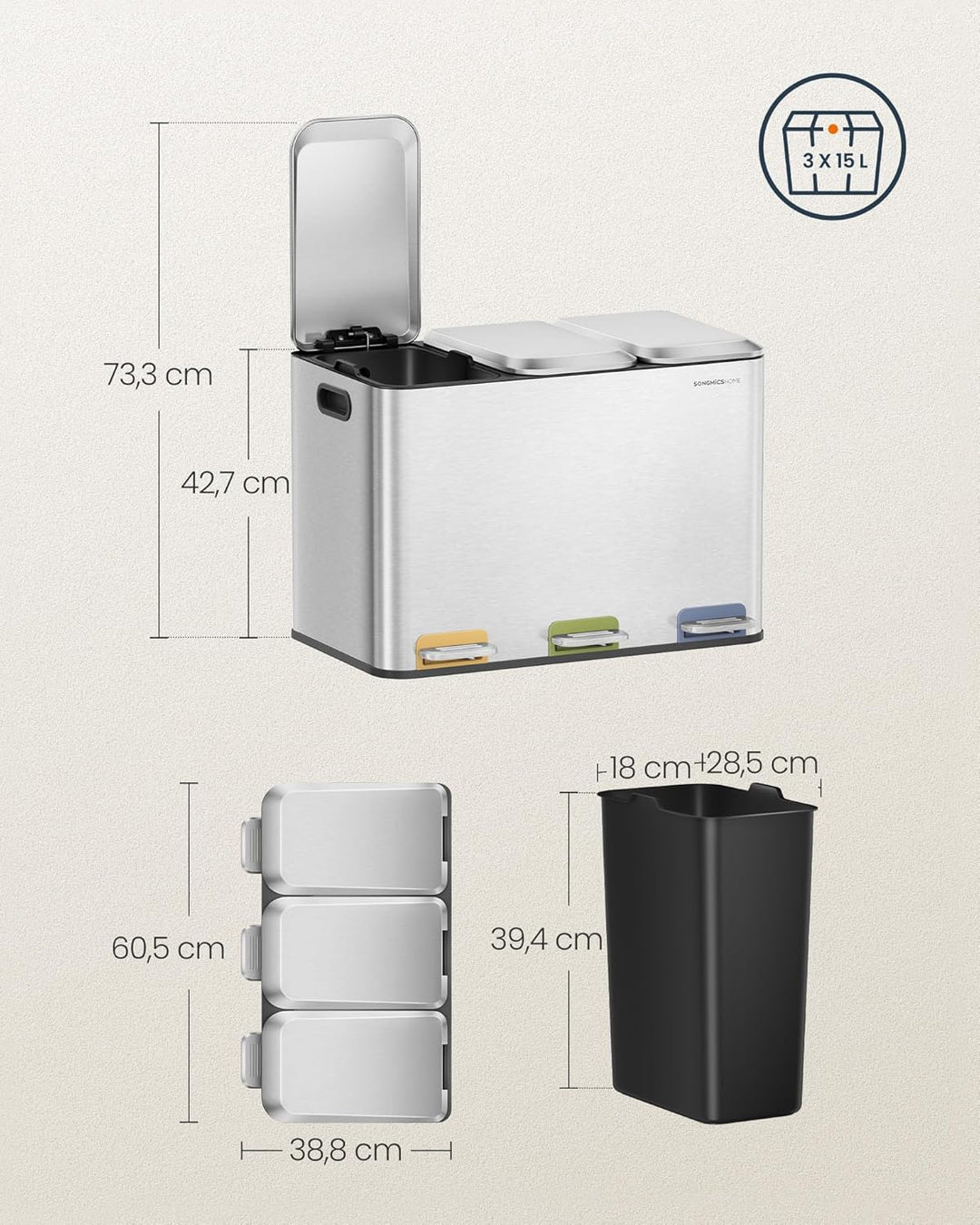 SONGMICS HOME Mülleimer Küche, 3 x 15 L Fächer, Abfalleimer mit farbcodierbaren Pedalen, Mülltrennsy