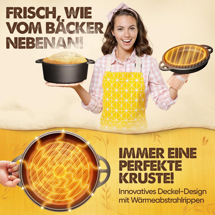 Gusseisen Topf zum Brot backen - Starter-Set mit Gärkorb, Bäckermesser und Brotrezepten - Idealer Br