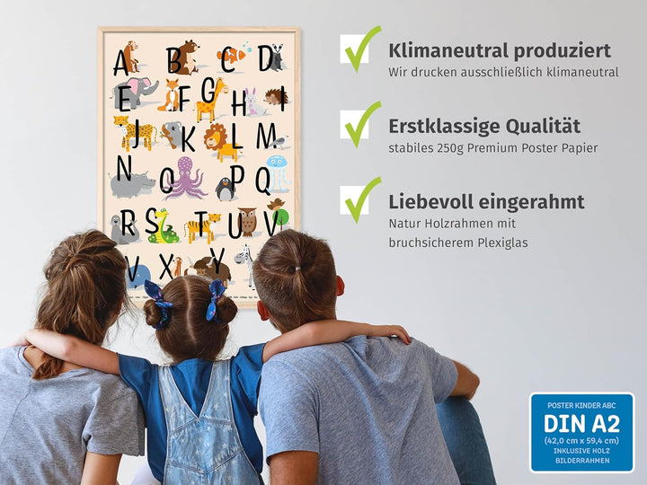 kizibi® ABC Poster DIN A2 mit Rahmen für Kinderzimmer, Alphabet Poster für Mädchen und Jungen, Buchs