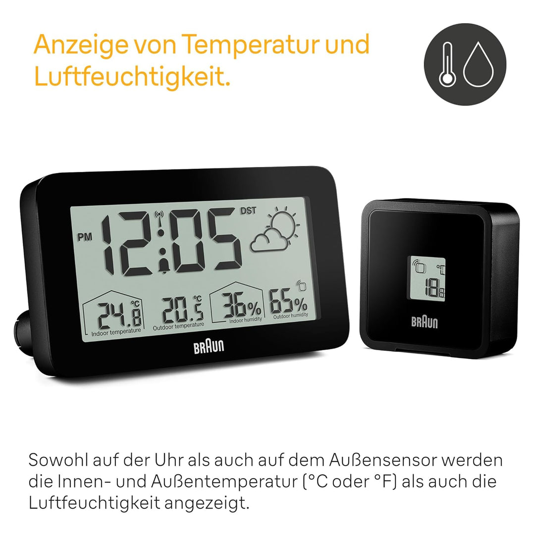Braun Digitale Wetterstationsfunkuhr für die mitteleuropäische Zeitzone (DCF) mit Anzeige von Innen-