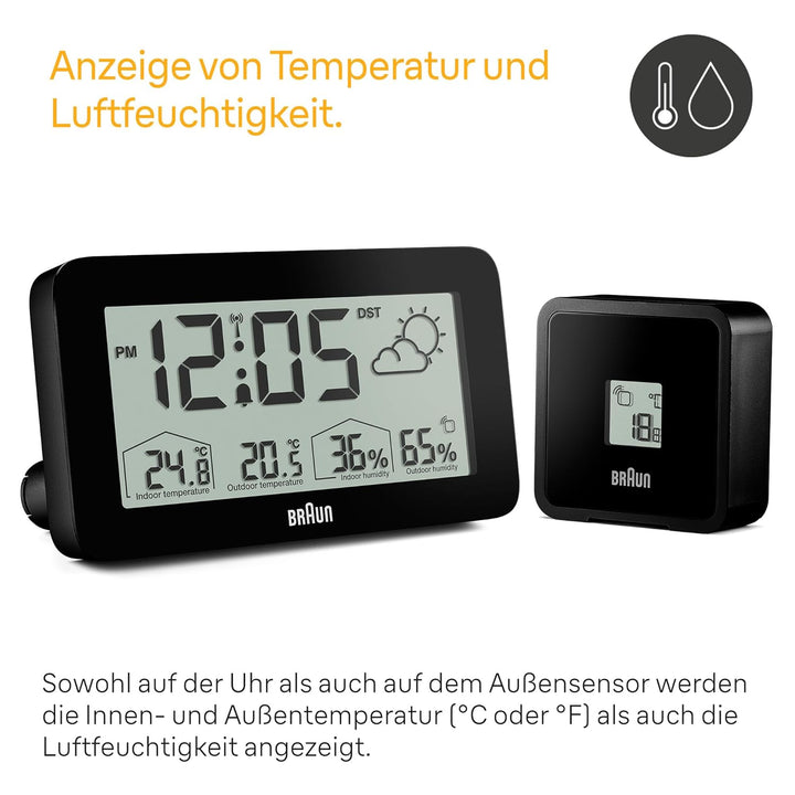 Braun Digitale Wetterstationsfunkuhr für die mitteleuropäische Zeitzone (DCF) mit Anzeige von Innen-