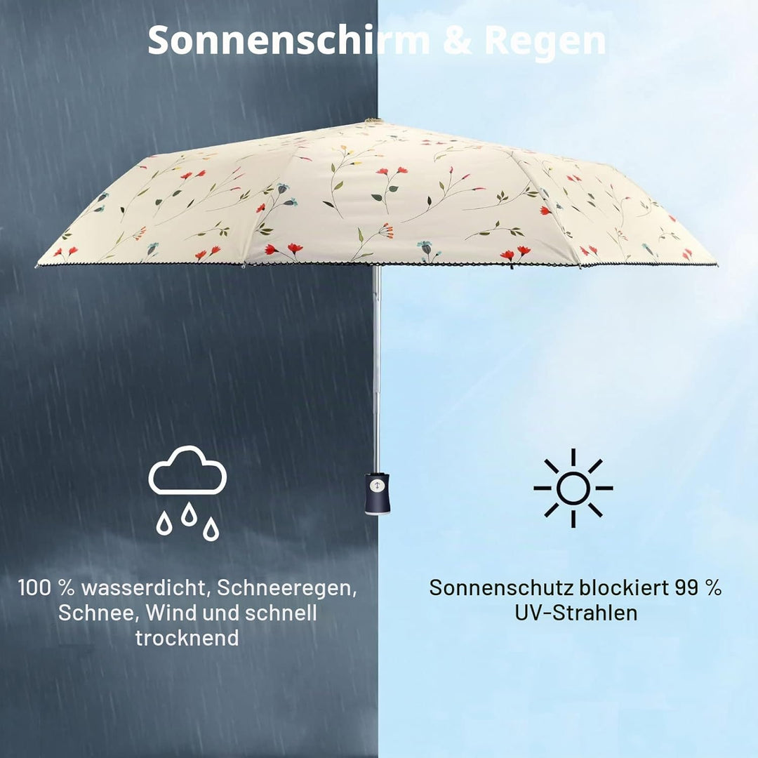 CUBY Regenschirm, Sonnenschirm, Freien Uv-Schutz Damen Automatik Faltschirm Winddicht Regenfest, Min