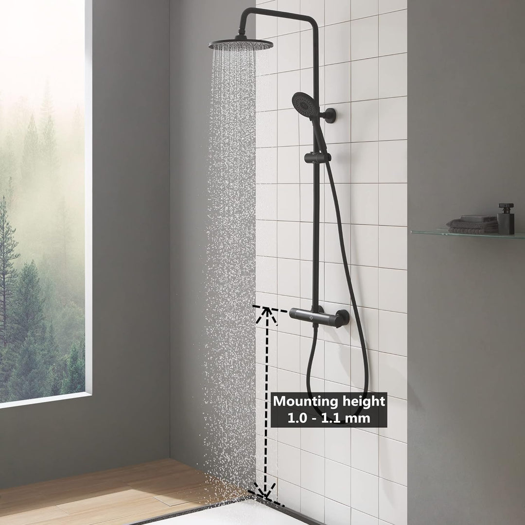 CECIPA Duschsystem Schwarz mit Thermostat 38 °C, Edelstahl Duschgarnitur mit Duscharmatur Schwarz Ma