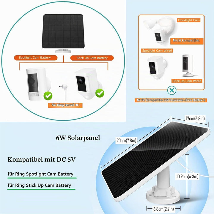 6W Solarpanel für Ring Kamera, für Ring Solarmodule, für Ring Kamera Solarpanel kompatibel für Ring