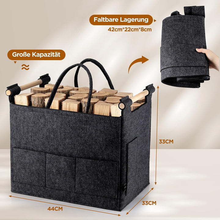 XL 40L Filzkorb & Holzkorb für Kaminholz - Doppelgriffanwendung + rutschfeste Griffe + Fronttasche e