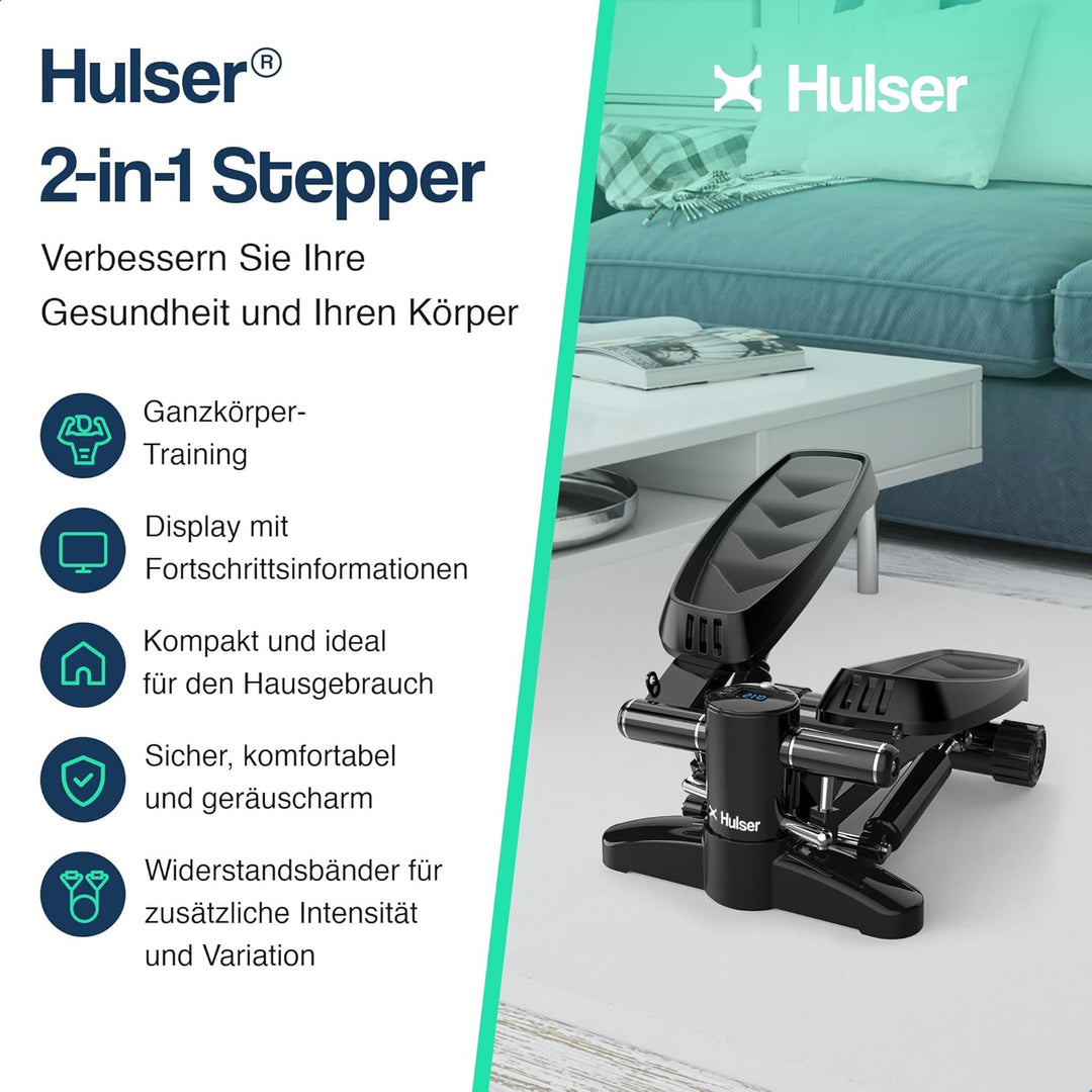 Hulser 2-in-1 Stepper für Zuhause mit Display - Ganzkörpertrainer mit Widerstandsbändern &amp; Griffen -