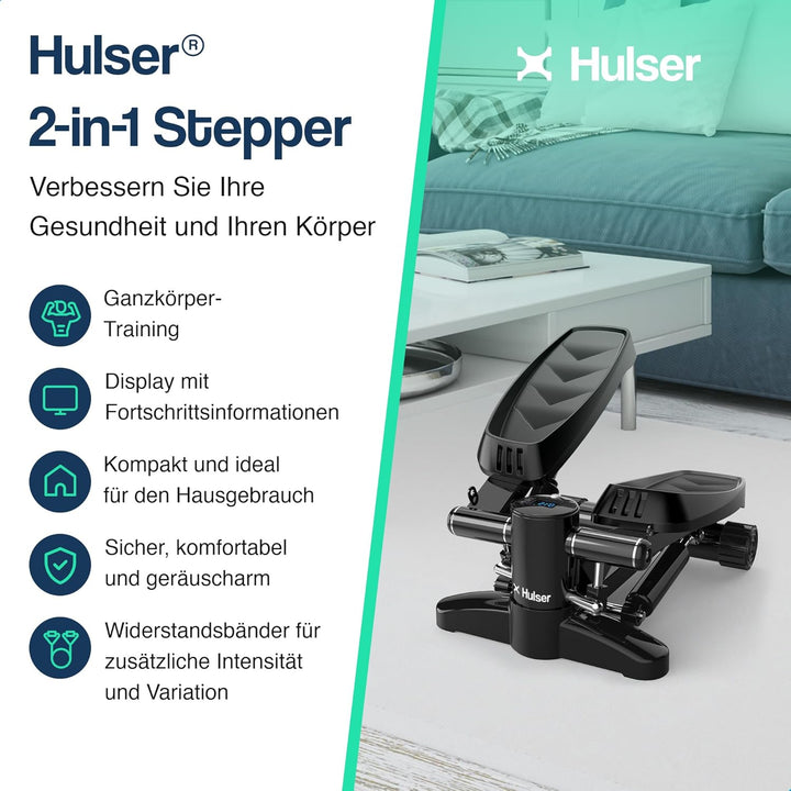Hulser 2-in-1 Stepper für Zuhause mit Display - Ganzkörpertrainer mit Widerstandsbändern &amp; Griffen -