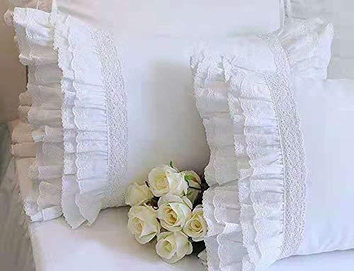 Meaning4 2er-Pack Kissenbezüge mit Rüschen, Stickerei Spitze,Shabby Chic, Queen-Size-Kissenbezüge, 5