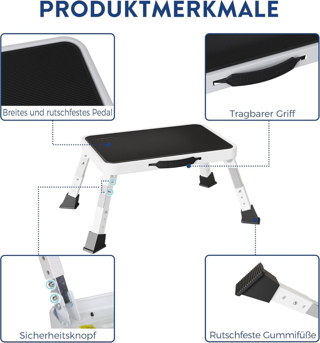 BONTEC Klapptritt, 3-stufig höhenverstellbar, bis 150 kg belastbar, rutschfeste Plattform, faltbar,