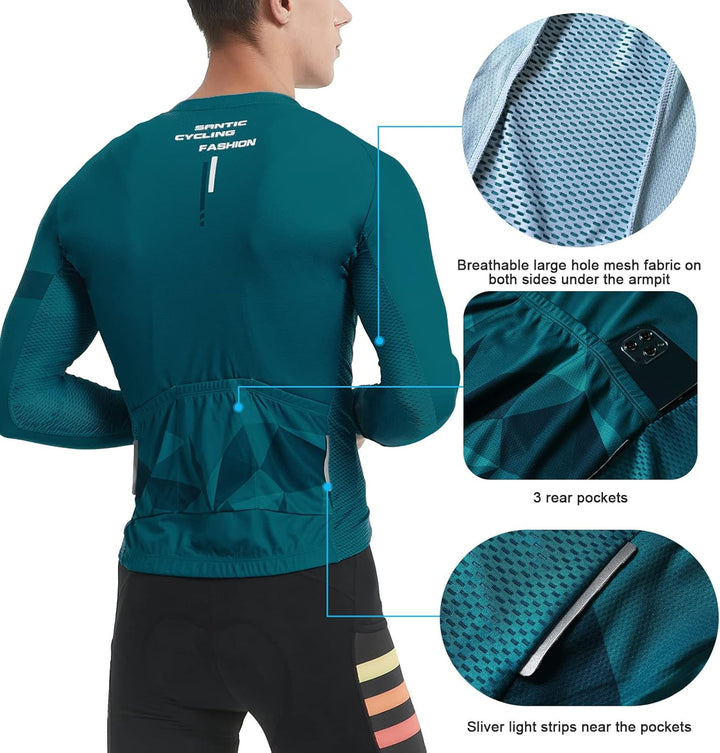 Santic Fahrradtrikot Herren Langarm Radtrikot Fahrradshirt Herren mit Taschen L Grün, L Gr&#xFC;n