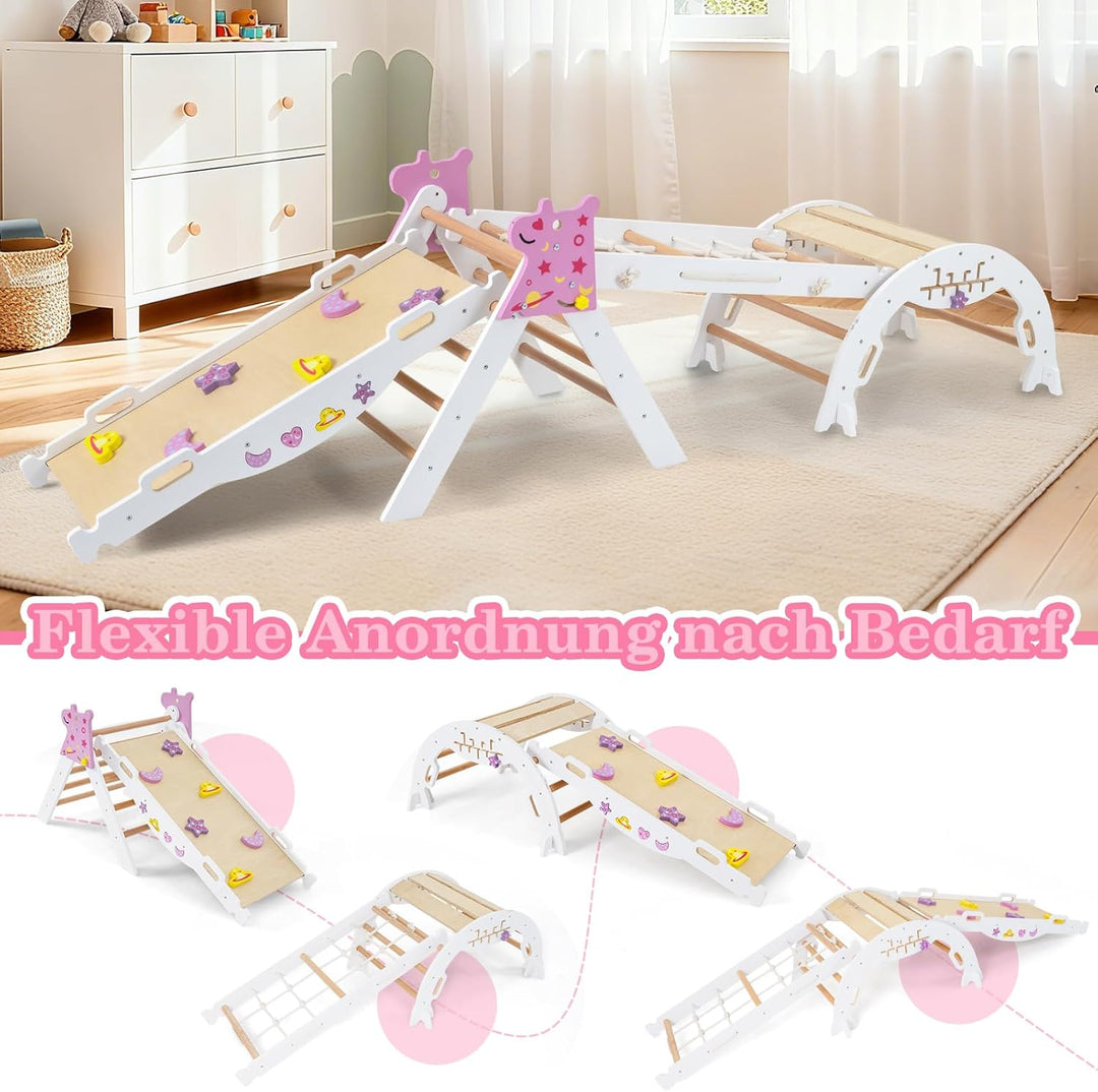 COSTWAY Klettergerüst Indoor 4er Set, klappabres Kletterdreieck mit Rutsche, Kletterbogen, Netz, ink