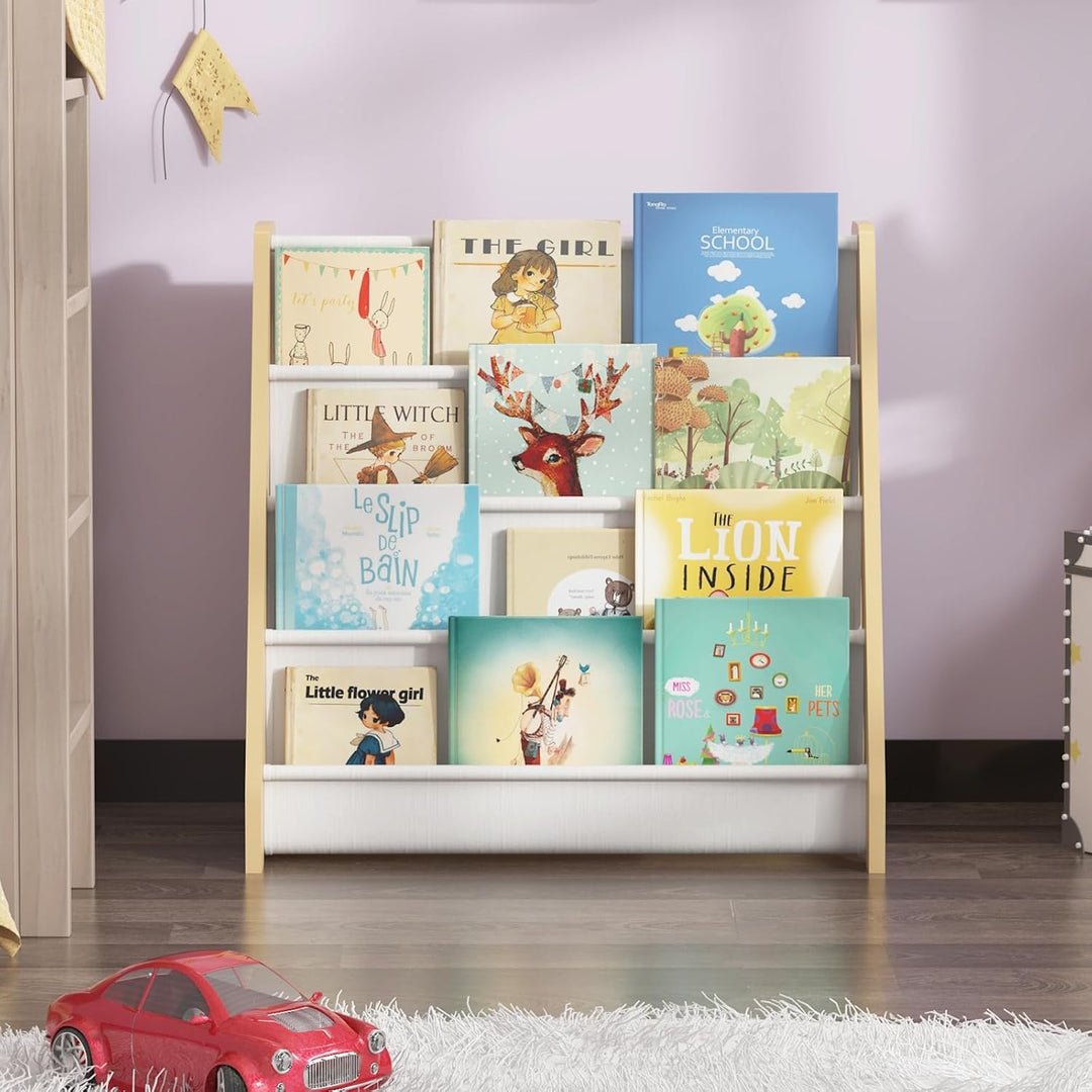 KEEPREAPER Bücherregal Kinder, Kinderregal mit 4 Stofffächern Kinderzimmer Regal 4 Ebenen Bücher-Org