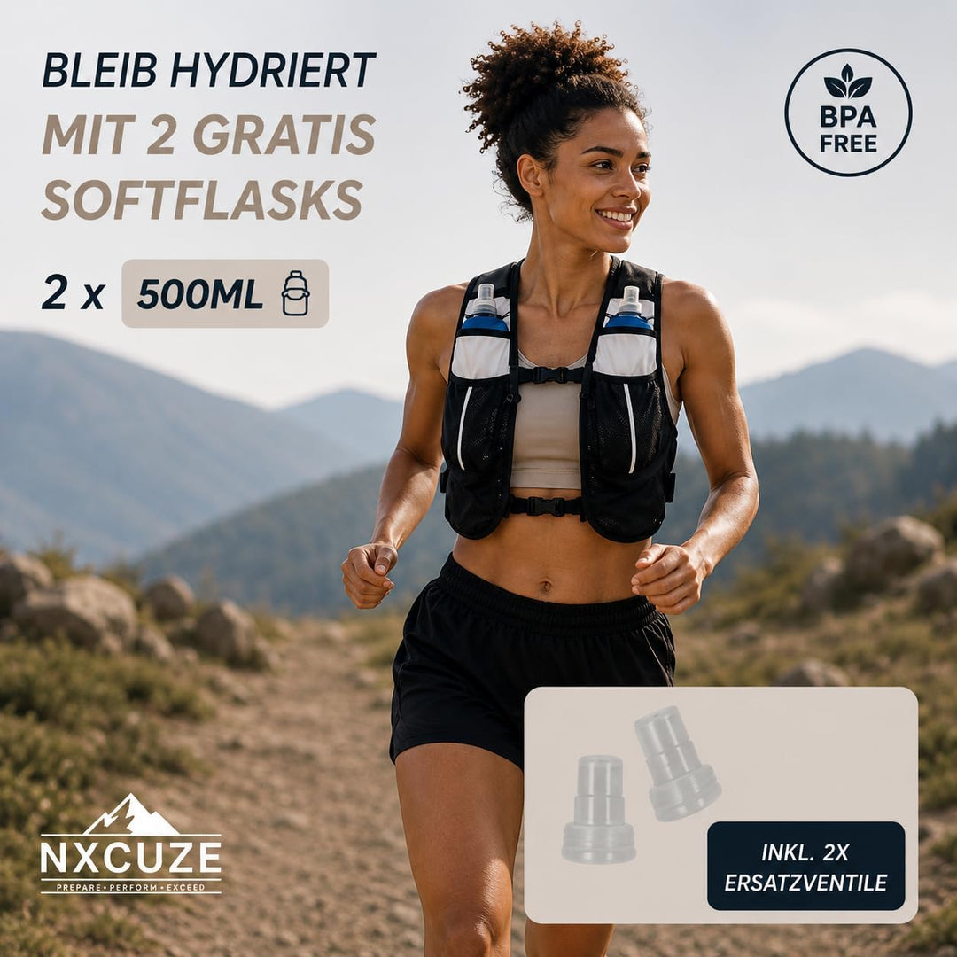 NXCUZE® Premium Laufweste Damen & Herren mit 2X 500ml Trinkflasche – Laufweste mit Trinkflasche / Tr