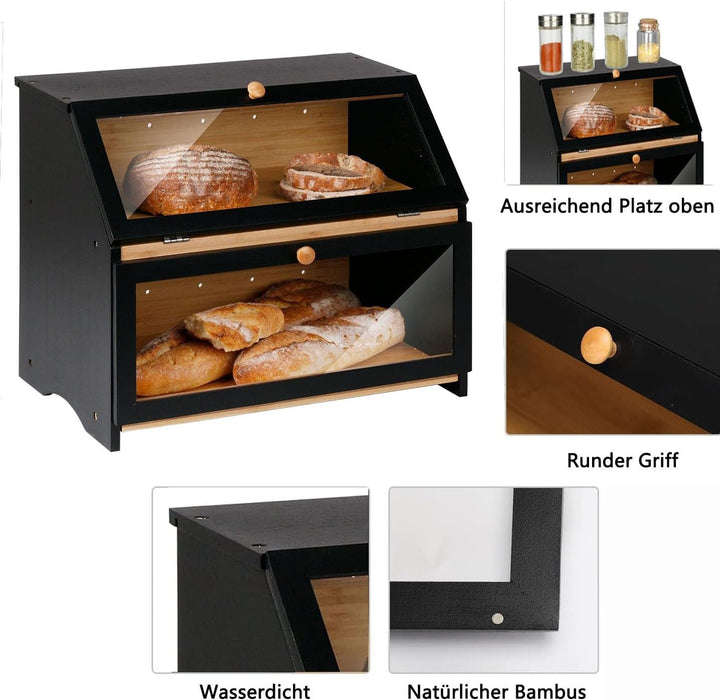 BRAVECOW Natürlich Bambus brotkasten,brotkasten holz Zweischichtig, mit Deckel brotkorb, brot aufbew