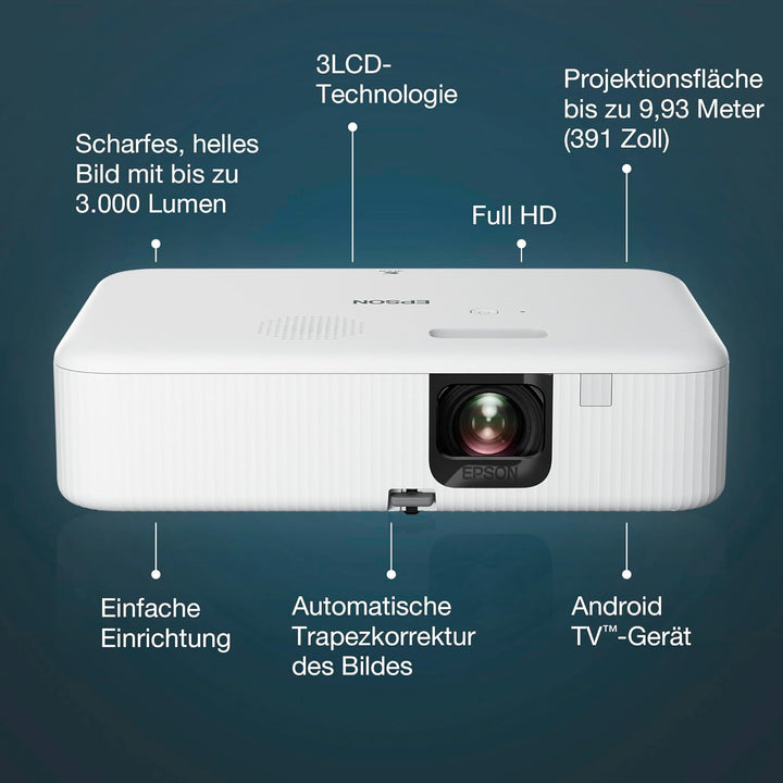 Epson CO-FH02 Smart Full HD-Projektor, 3.000 Lumen, bis zu 391-Zoll-Projektionsfläche Android TV Ful