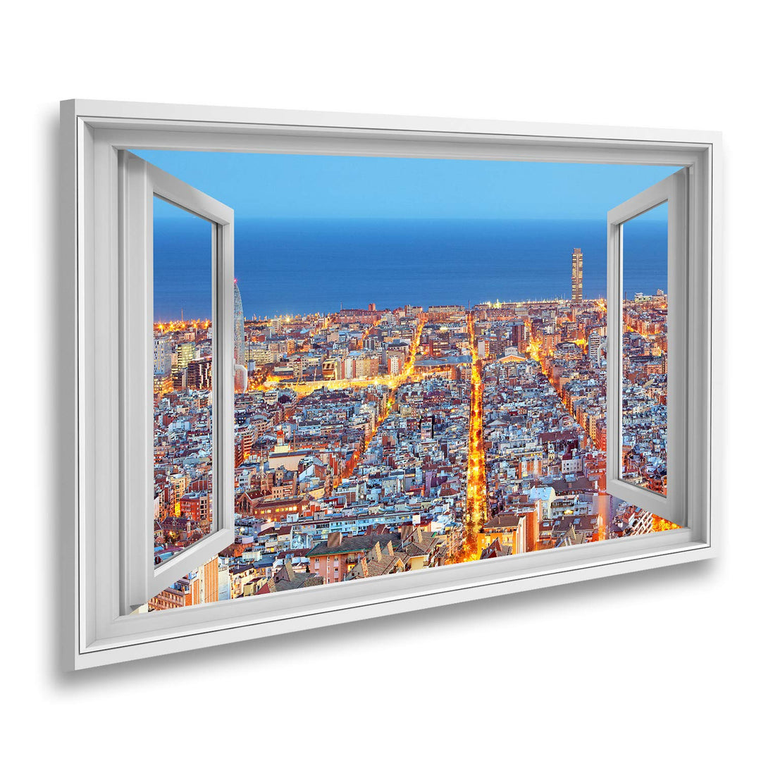 islandburner Bild auf Leinwand Fensterblick Barcelona Skyline Luftaufnahme bei Nacht Spanien Sagenha