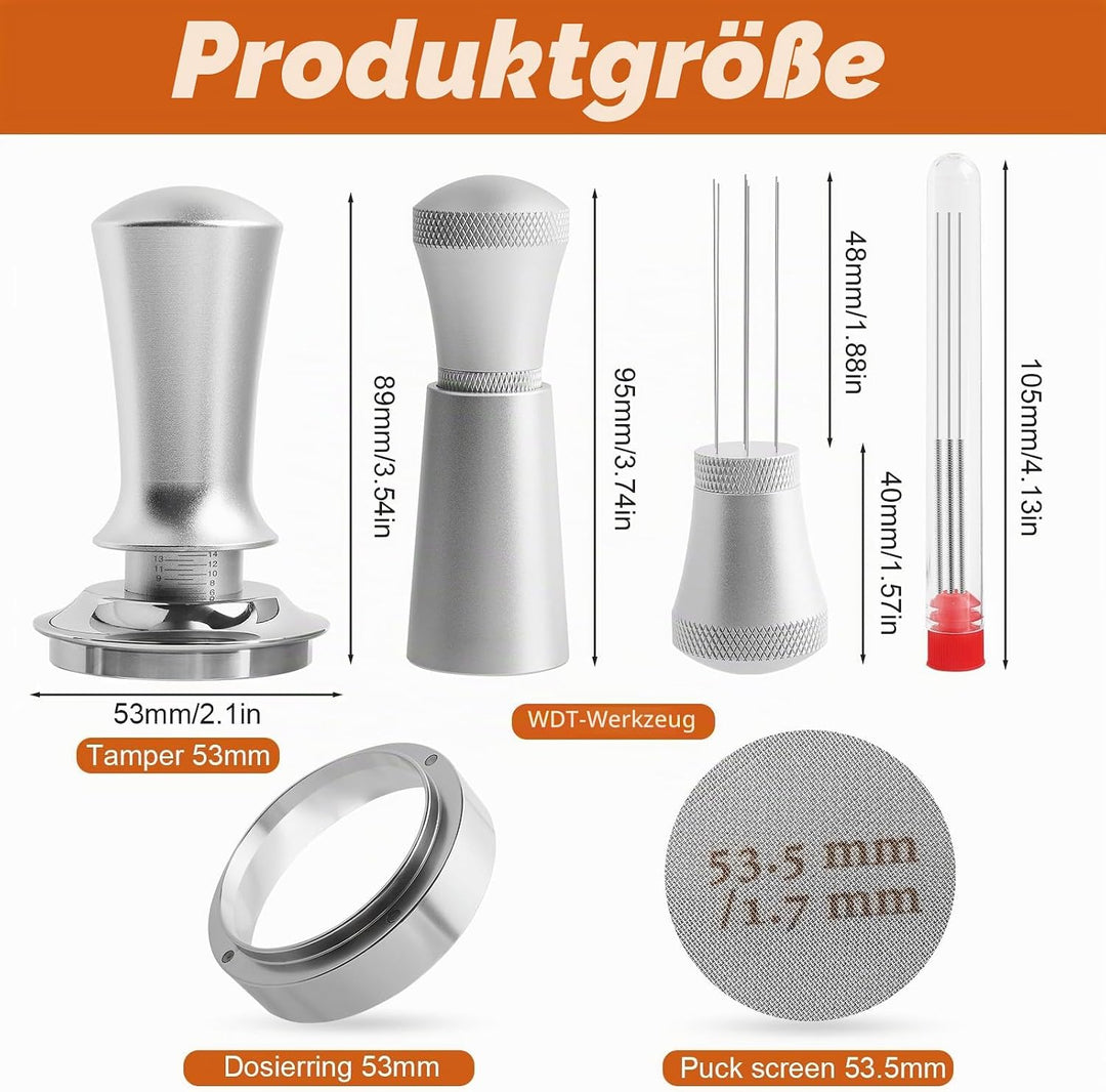 Kaffee Tamper 54mm Set, Aufgerüstet Espresso Tamper set inkl. WDT Tool, Dosierring 54mm, Puck Screen