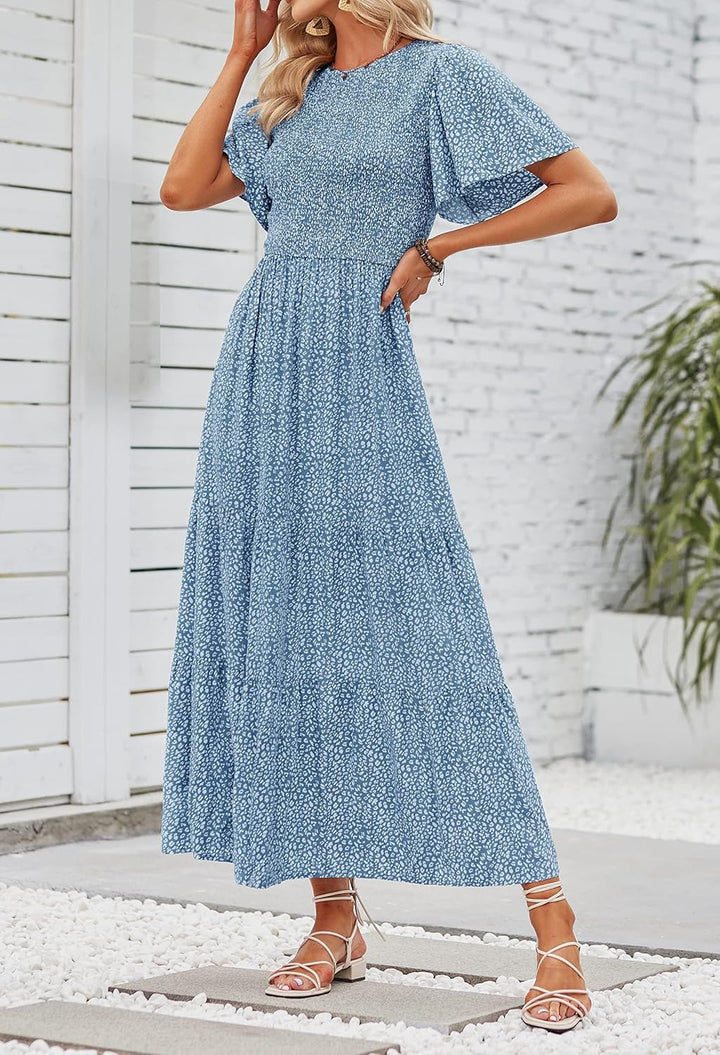 Zesica Damen-Maxikleid, Sommer, lässig, Blumendruck, kurze Flatterärmel, Rundhalsausschnitt, gesmokt