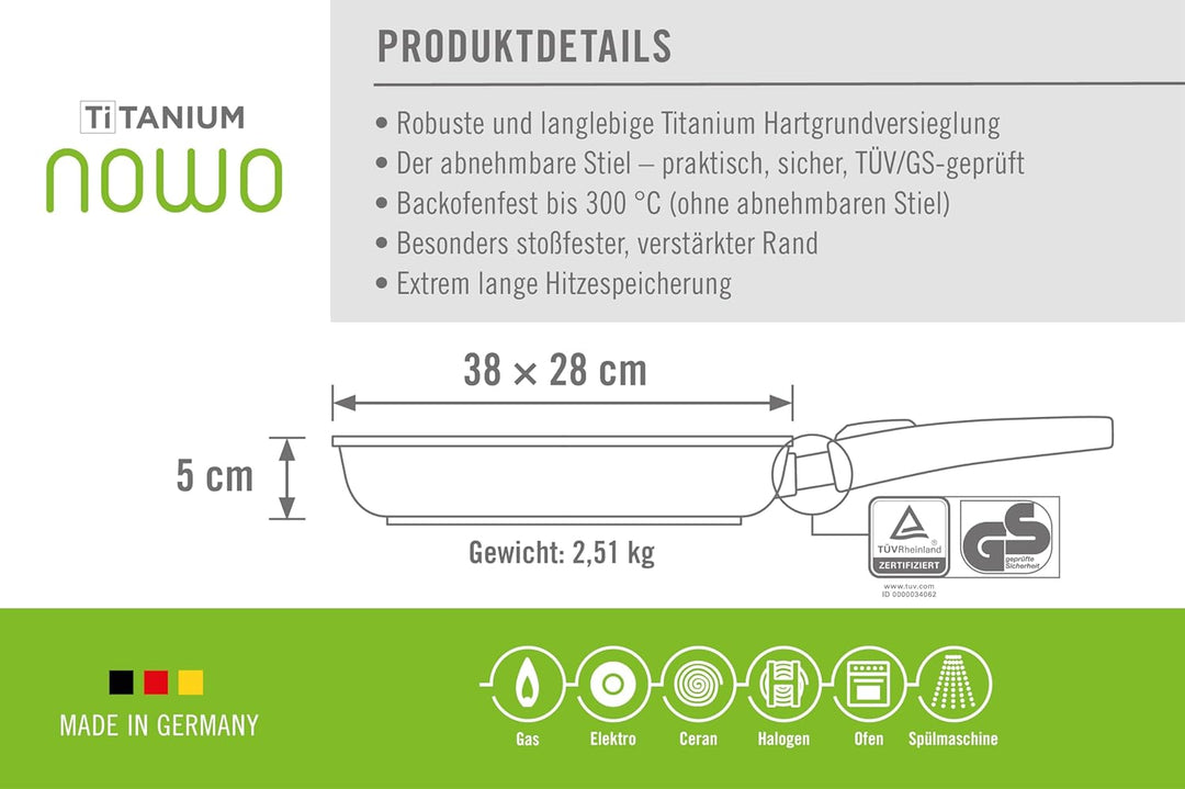 Titanium Nowo Guss-Fischpfanne, 38 x 28,4 cm, 5 cm hoch, mit abnehmbarem Stiel