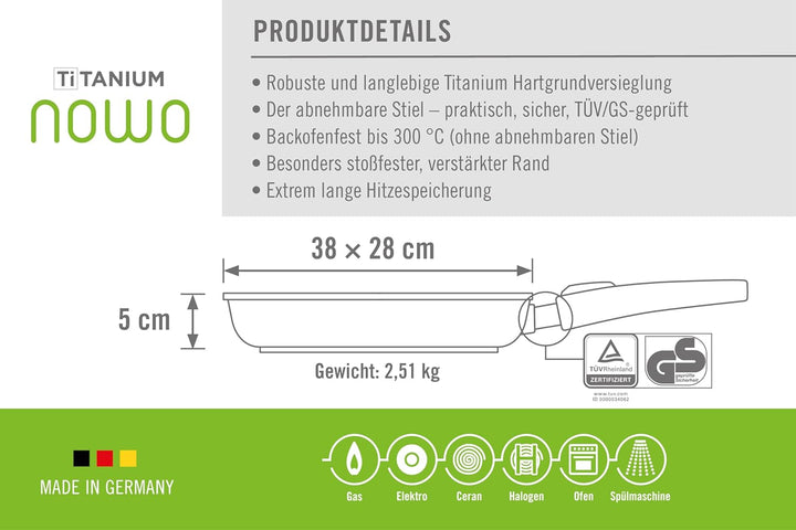 Titanium Nowo Guss-Fischpfanne, 38 x 28,4 cm, 5 cm hoch, mit abnehmbarem Stiel