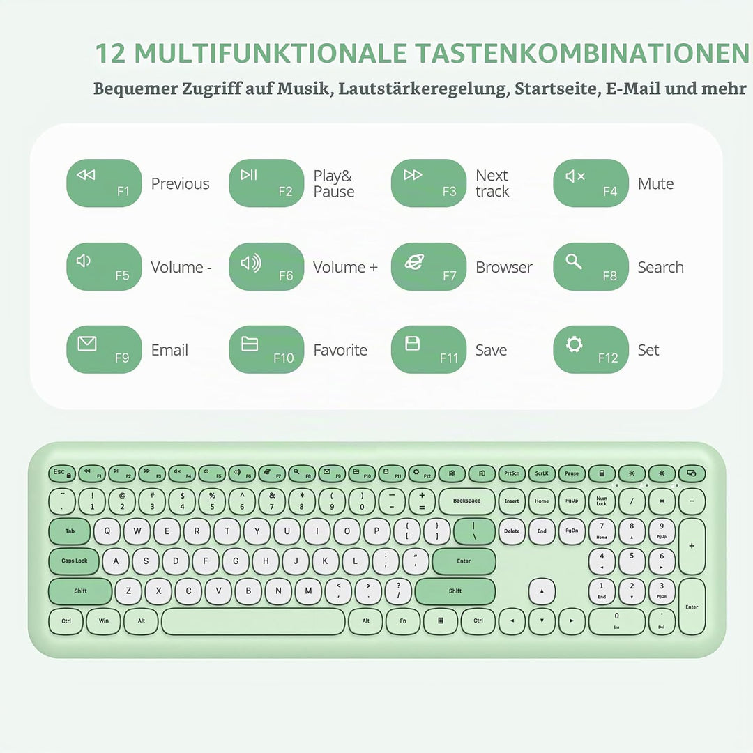 SOLIDEE Buntes kabellose Tastatur und Maus-Kombination,2.4GHz Retro Schreibmaschine,104 Tasten in vo