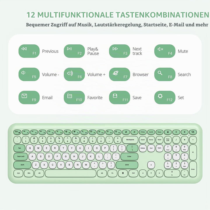 SOLIDEE Buntes kabellose Tastatur und Maus-Kombination,2.4GHz Retro Schreibmaschine,104 Tasten in vo