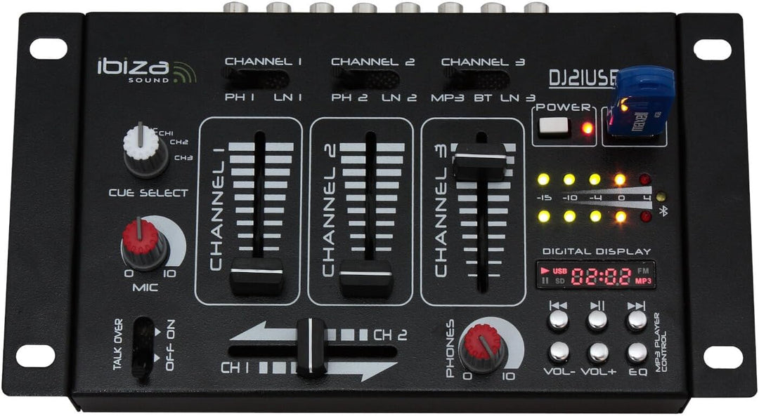 Ibiza - DJ21USB-BT - 4-Wege/7-Kanal-Mixer mit verschiedenen Eingängen - Bluetooth und USB - Schwarz