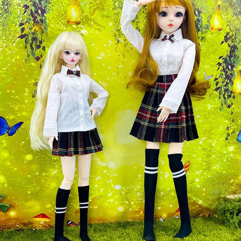 niannyyhouse 1/3 1/4 BJD Puppen Kleidung Mantel Hemd Plaid Faltenrock Socken Europäische Dunkelblau