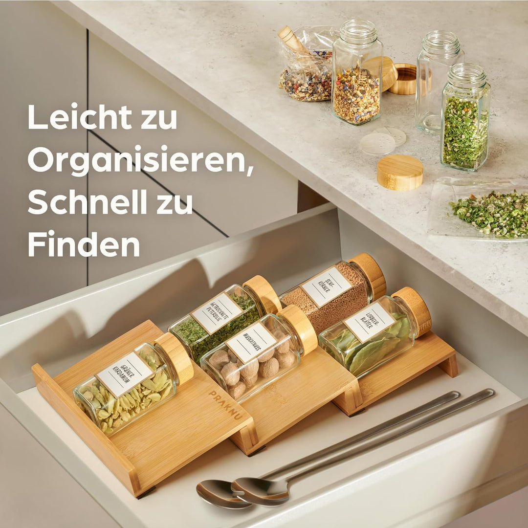 Praknu Gewürzgläser Eckig mit Bambusdeckel - 12er Set - Gewürz Organizer - Mit Streueinsatz - Gewürz