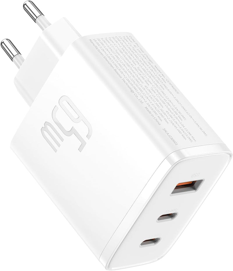 Baseus USB C Ladegerät, 65W USB C Netzteil 3-Port PD Ladegerät mit PPS, GaN Schnellladegerät kompati