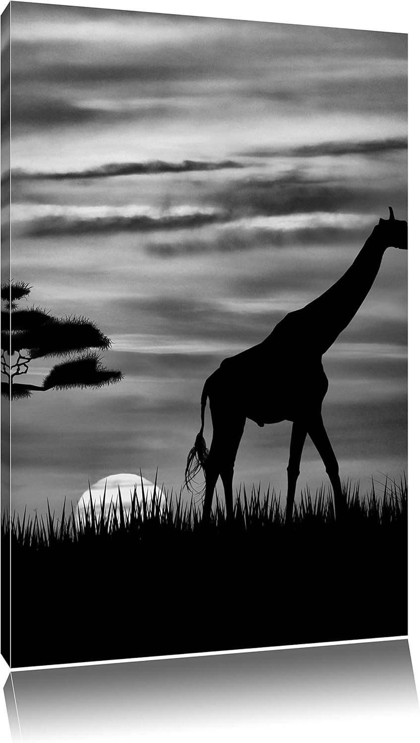Pixxprint Giraffe im Sonnenuntergang / 100x70cm Leinwandbild bespannt auf Holzrahmen/Wandbild Kunstd