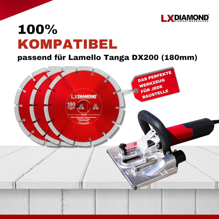 LXDIAMOND 3x Diamant-Trennscheibe 180mm - kompatibel mit Lamello Tanga DX200 Fensterfräse Montagefrä